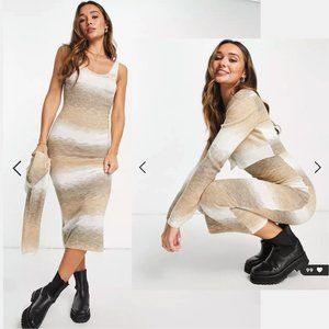 Topshop Knit Midi Dress & Cardigan Set in Neutral Space Dye Ombre Stripe